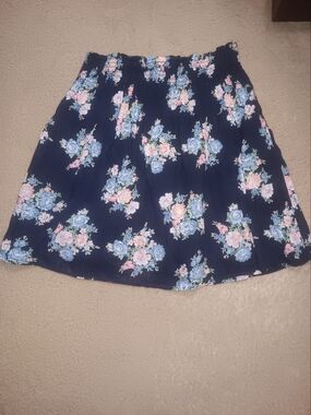 LOFT Navy Floral Circle Skirt with Pink and Light Blue Blooms